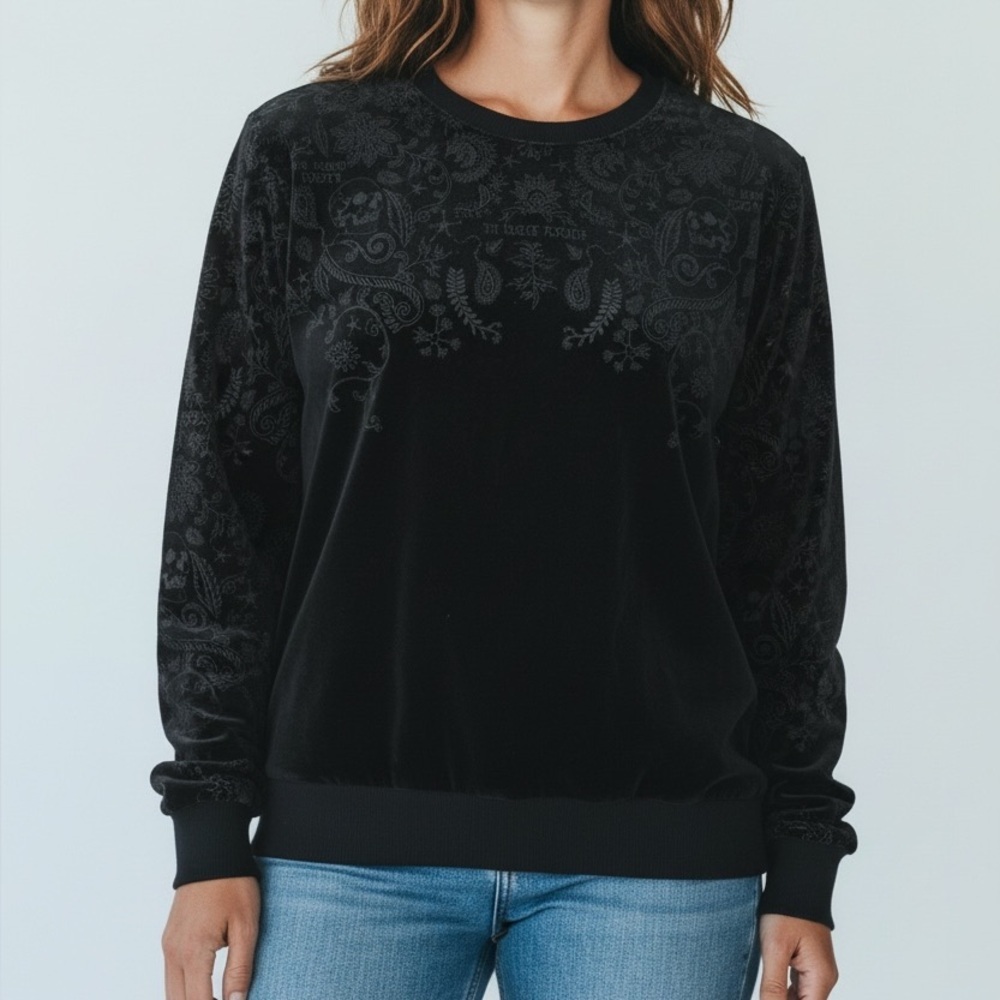 ZARA Velvet Skull Embroidered Sweatshirt – M – Dark, Bold, Iconic